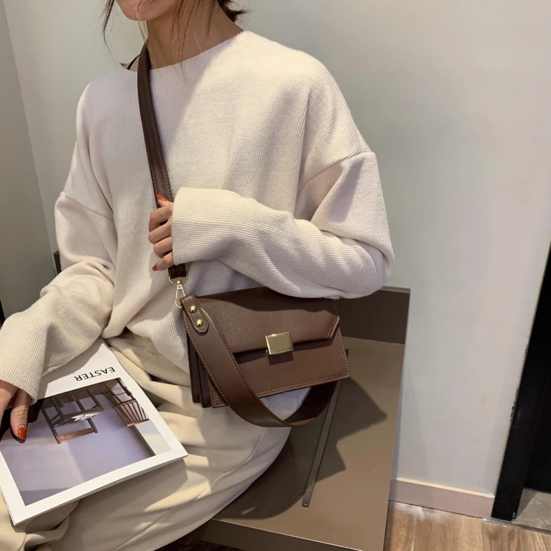 

High-quality bag ladies new lock-clasp retro small square bag simple wide shoulder strap single shoulder oblique Bag Pure color