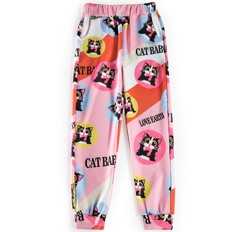 

WKOUD 2019 Harajuku Harem Pants For Women Cat Letters Printed Pink Sweatpants Spring Fall Sport Pants Female Trousers P9057