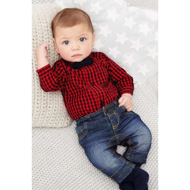 Baby Boy's colthing set Newborn colthing set T-shirt + jeans Infant rompers Turn Down Collar Gentleman Tie Red Lattice costumes (8)