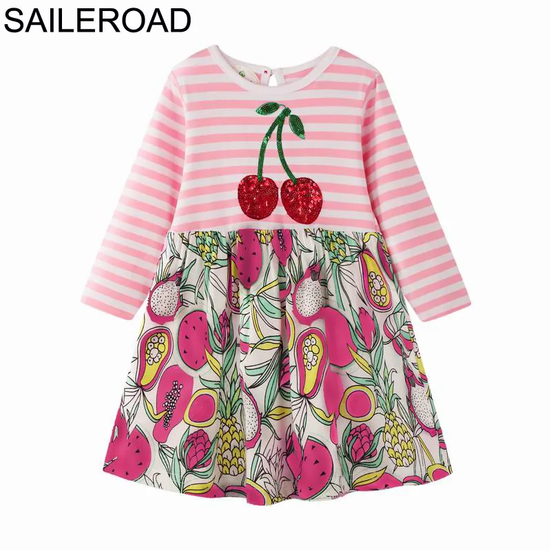 

SAILEROAD Cherry Sequins Girls Long Sleeve Dress Unicorn Children Dress for Kids Clothes Dress 2019 Girl Pocket Dresses