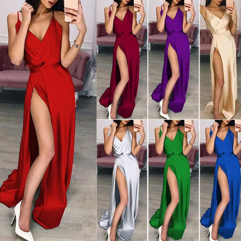 

Vestidos De Fiesta Elegantes De Gala 2019 Summer Solid Color Sexy Sling V-neck Waist Slim Hem High Slit Long Backless Dress Modi