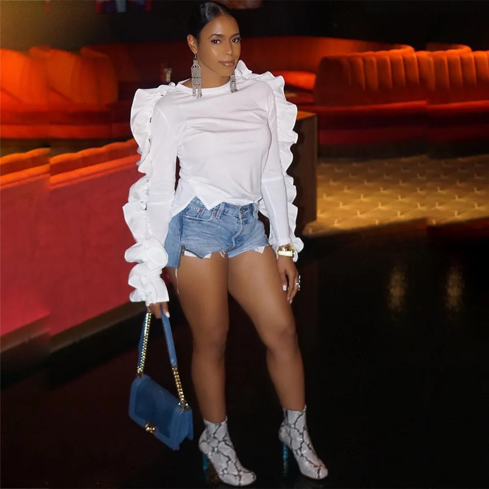 

O Neck Ruffed Full Sleeve Women Top Casual Women White Tops Women Shirt