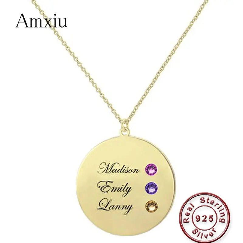 

Amxiu Custom 100% 925 Sterling Silver Necklaces Engrave Three Names with Birthstones Round Pendant Name Necklace Women Jewelry