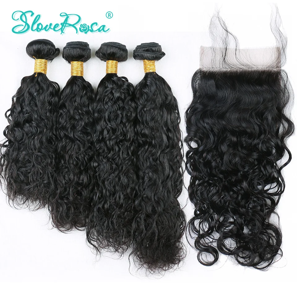 

Water Wave Remy Human Hair Bundles With Closure 4*4 Brazilian Hair Weave Bundle Lace Closure Free Part Bleached Knots Slove Rosa