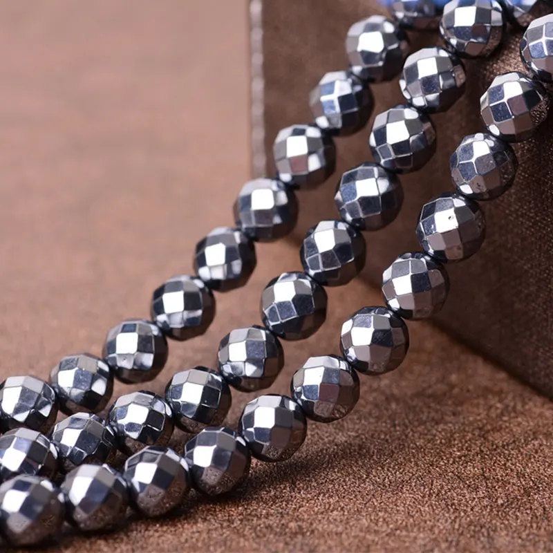 

6-14mm Natural Terahertz Stone Beads Round Faceted Silver Energy Loose DIY Beads For Jewelry Making Beads Accessories 15'' Gift