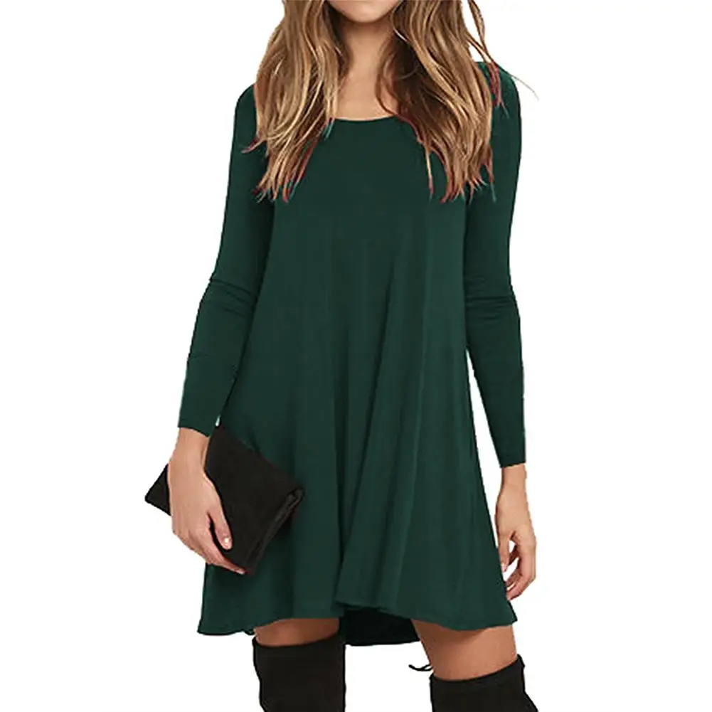 

Dress On The Smell Summer 2019 Casual Women Loose Solid Color Round Neck Long Sleeve Mini Dress with Pockets