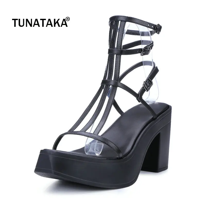 Genuine Leather Platofrm Square High Heel Open Toe Woman Sandals Fashion Buckle Dress Shoes Woman Black Beige Genuine Leather Platofrm Square High Heel Open Toe Woman Sandals Fashion Buckle Dress Shoes Woman Black Beige