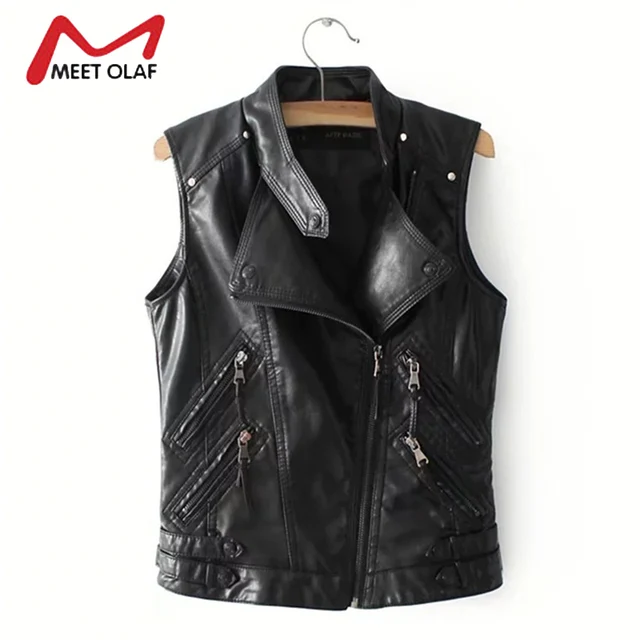 2017 Women Leather Vests Fashion Black Side Zipper Faux Leather