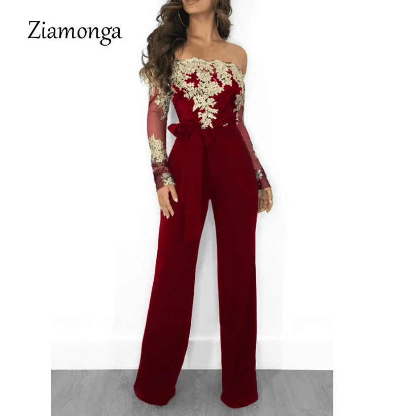 

Ziamonga Womens Wide Leg Off Shoulder Jumpsuit Black Mesh Long Sleeve Slash Neck Jumpsuit Romper Lace Patchwork Party Jumpsuit