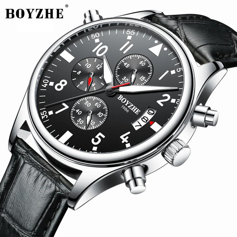 

BOYZHE Men Quartz Watch Fashion Military Multi-function Chronometer Stainless Steel Luxury Brands Sports Black Wrist Watches