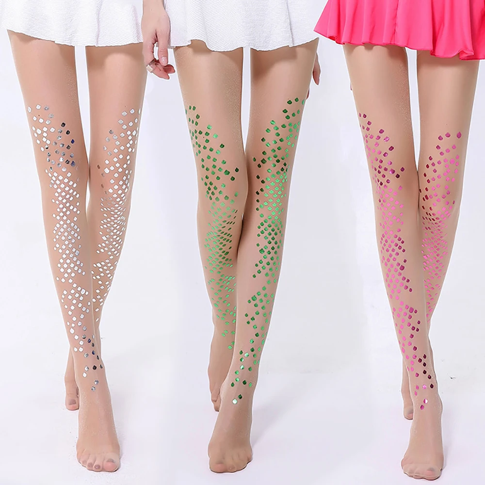 Klv 2019 New Women Sexy Gold Silver Shiny Mermaid Flakes Stockings Ladies Faux Tattoo Female Hosiery Bikini Crotch Pantyhose Tights Aliexpress