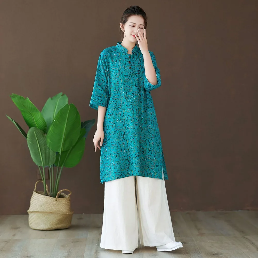 LZJN 2019 Autumn Blouse Long Sleeve O-Neck Chinese Style Shirt Ethnic Ladies Cotton Tunic Tops Floral Blouses for Women 2 Colors (12)