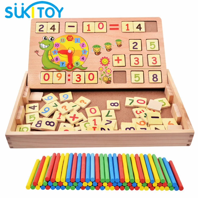 Baratos SUKIToy Montessori Math Wooden educational Toy including 100PCS Sticks 70PCS digital card board game gift for children new year