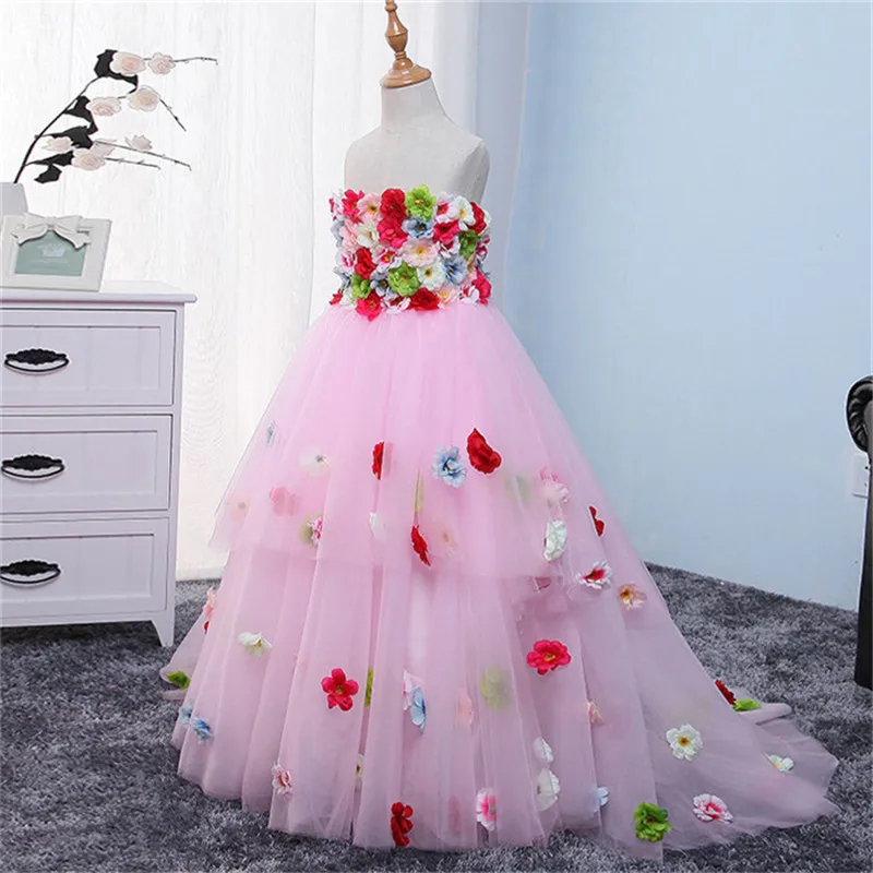 

Elegant Children Babies Sling Sleeveless Party Dress Girls Kids Pink Wedding Birthday Party Princess Flowers Costume Dress 3~13y