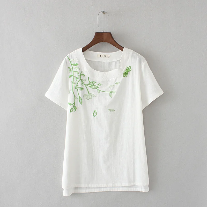 Summer Fat Mm Thin Cotton T-shirt Linen Embroidery Green Leaf Short Sleeve T Shirt Women New Fashion Casual Tshirt Pure Color Tops