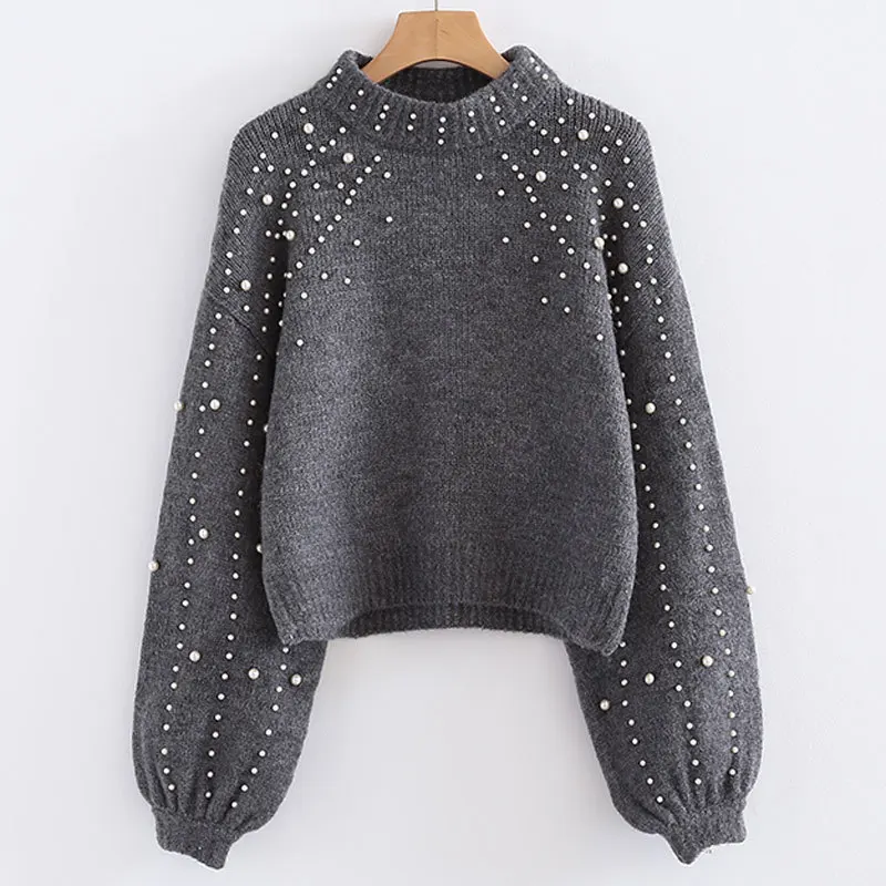 Kaufen Neue Perle oansatz winter gestrickte pullover Frauen laterne hülse lose grau pullover weibliche Weiche warme herbst lässige jumper Pullover