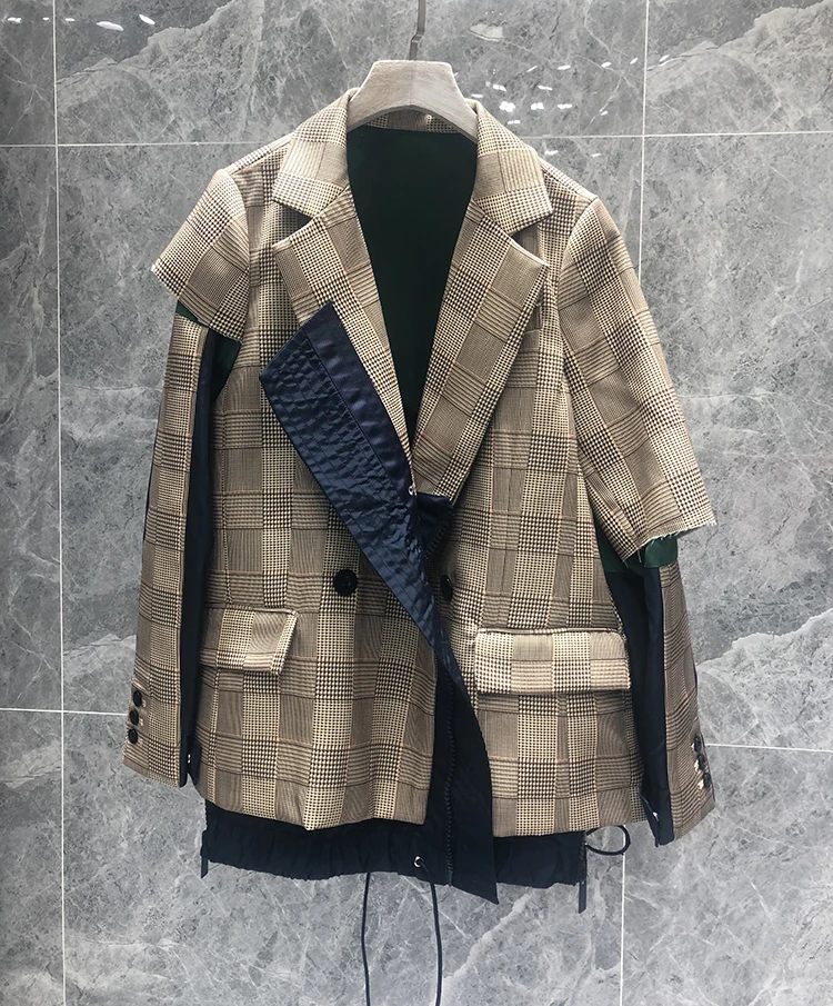 

[EWQ]Turn-down Collar Long Sleeve Large Size Patchwork Trend Coat Feminino Hem Drawstring Panelled Jacket 2019 Autumn New QJ813