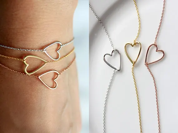 B032 Gold Silver Tiny Line Hollow Out Open Heart Bracelets Simple Wire Wrapped Love Heart Bracelets for Lovers Couples