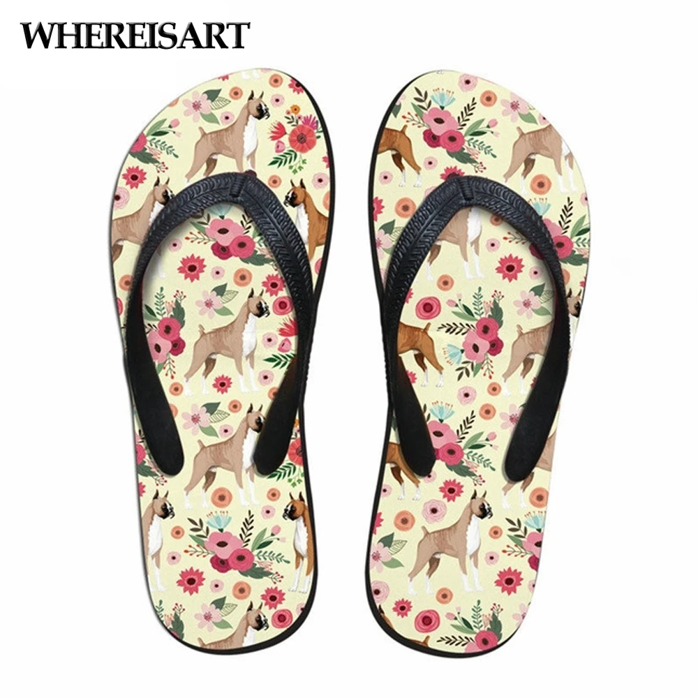 

WHEREISART Fashion Boxer Floral Women Flip Flops Summer Women's Beach Slip-on Slippers for Teenage Girls Flipflops Casual Woman