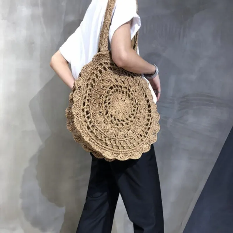 Bohemian Straw Bags for Women Summer Rattan Shoulder Bags Handmade Knitted Travel Big Totes Bag Ladies Circle Beach Handbags