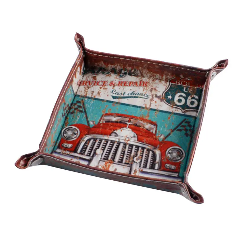 

LINKWELL 1PC Rusted Car Garage Service Blue Red Car Route 66 Man Cave Design PU Leather Valet Coin Key Trinket Tray for Serving