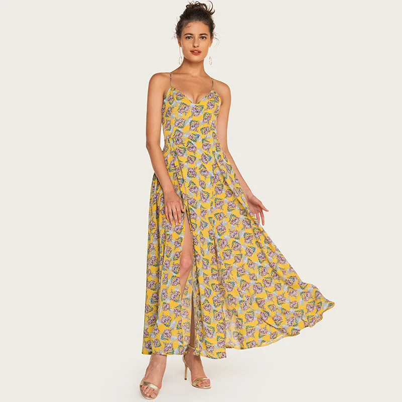 

AcFirst Summer Yellow Women Long Dresses Printed Backless Holiday Dress High Leg Sexy Sundress Dresses Beach Style Plus Size