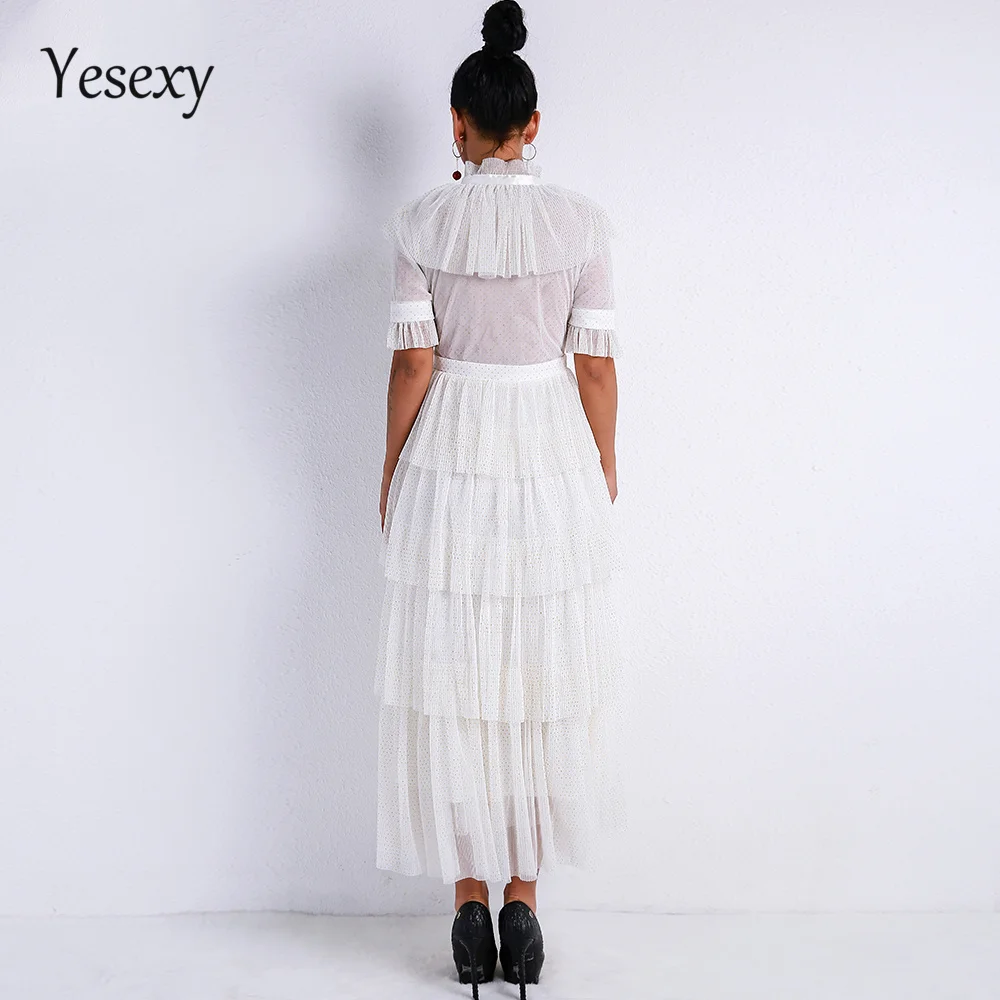 Yesexy, женское сексуальное ретро платье с высоким воротом и длинным рукавом, блестящее Прозрачное платье, женские элегантные вечерние платья с оборками, Vestdios VR9237-1