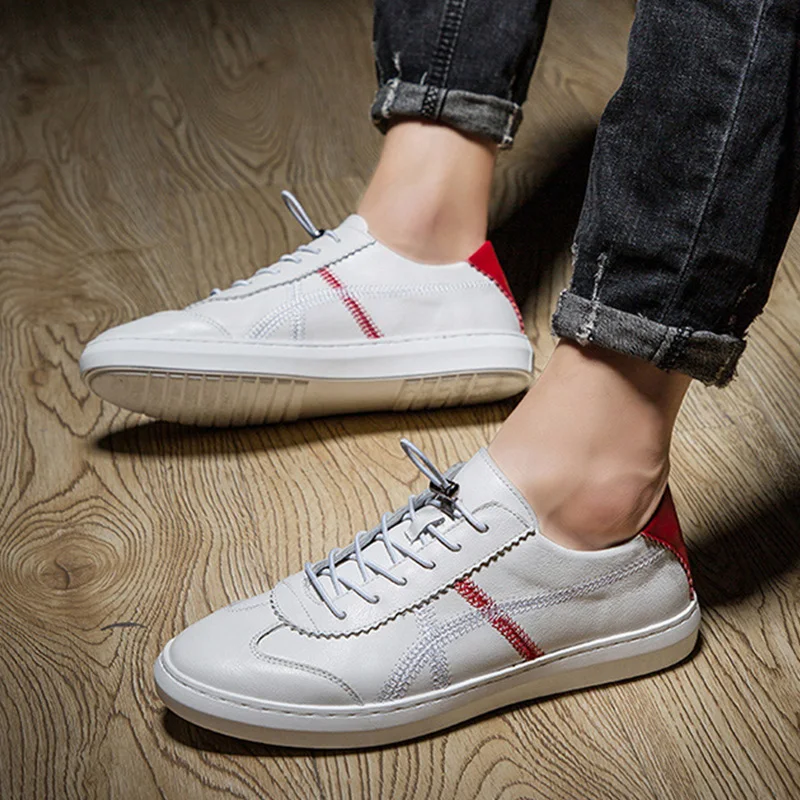 100% Genuine Leather Shoes Men White Sneakers Mens Casual Shoes Male Footwear Cow Leather Black White Shoes Soft KA1473