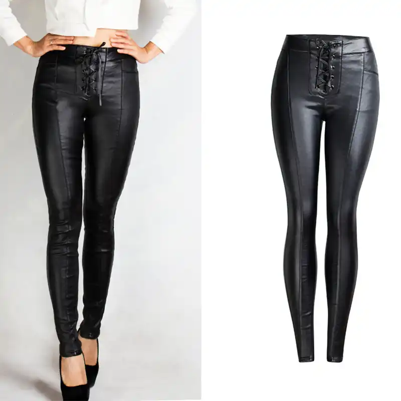 front lace up faux leather pants