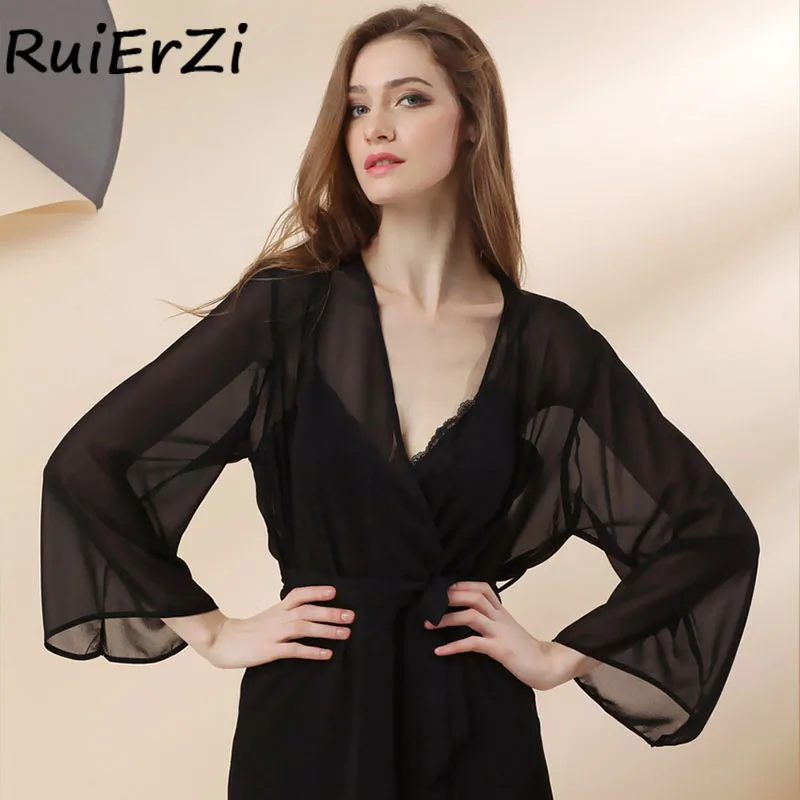 Fashion Chiffon Silk Robe & Gowns Set Summer Print Bowknot Belt Sexy