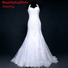 100% Real picture Free Shipping Custom made Halter-Neck Wedding Dresses Satin Mermaid Appliques Bridal Gowns Wedding Dress 2017