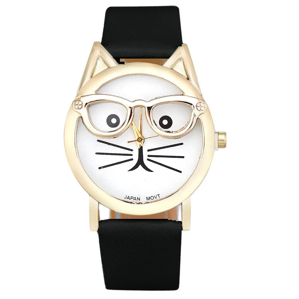 Relojes, милые кошачьи очки, часы, женские леопардовые кожаные Аналоговые кварцевые наручные часы, женские мужские спортивные часы, Relogio - Цвет: Черный