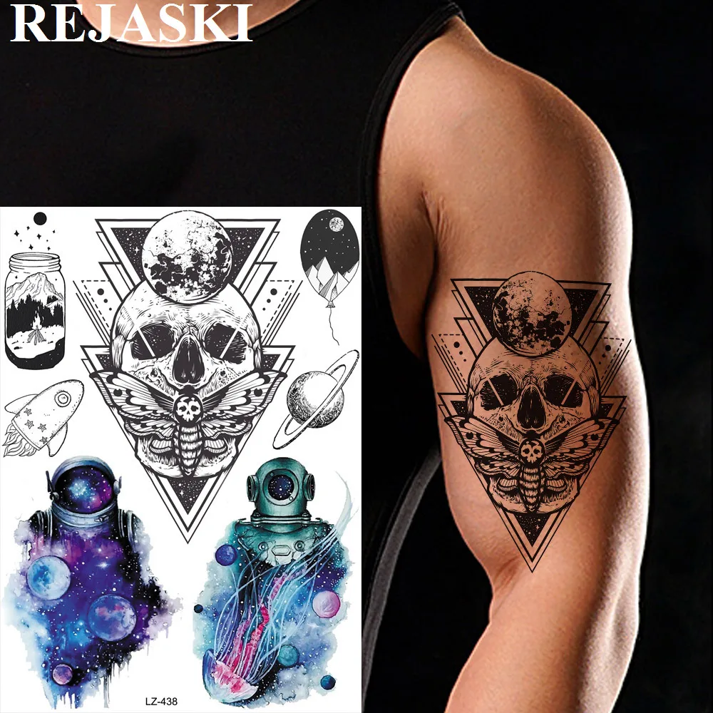 

REJASKI Evil Death Skull with Moth Triangle Temporary Tattoos For Men Sticker Astronaut Planets Fake Tatoos Art Moon Tattoo