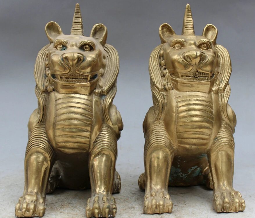 song voge gem S3316 10" Chinese Brass Buddhist FengShui Guardian Unicorn Kylin Lion Statue Pair