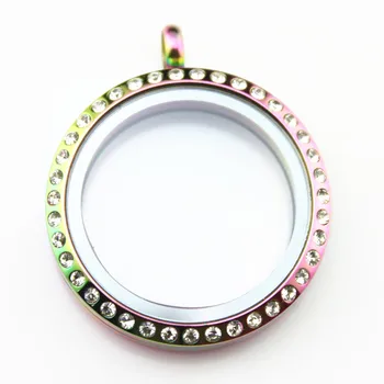 

10PCS/lot 30mm rainbow stainless steel magnetic floating locket with rhinestone floating charms memory locket for women jewelry