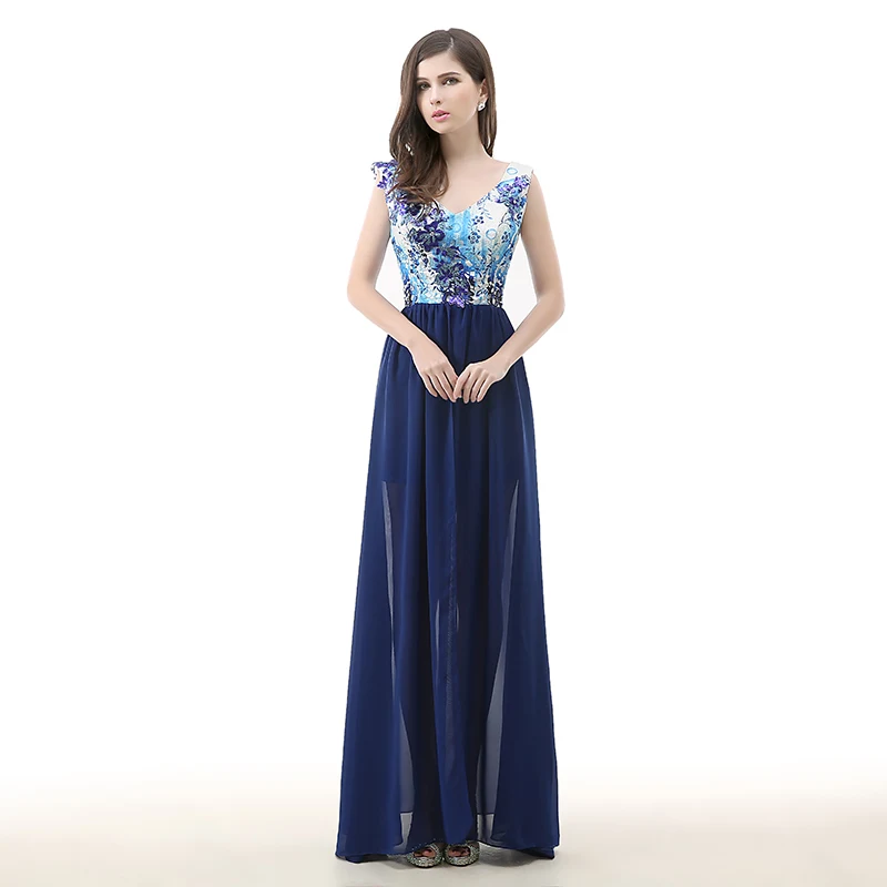 Темно-синее длинное вечернее платье с цветочным узором, v-образный вырез, Кружевная аппликация, цветок, высокая низкая шифоновая формальная вечеринка, платье для выпускного вечера