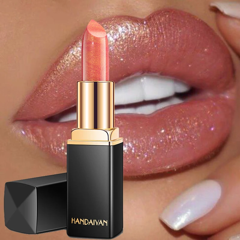 

HANDAIYAN Metallic Lipstick Glitter Lips Makeup Waterproof Long Lasting Pigment Nude Pink Mermaid Shimmer Lipstick Luxury Makeup