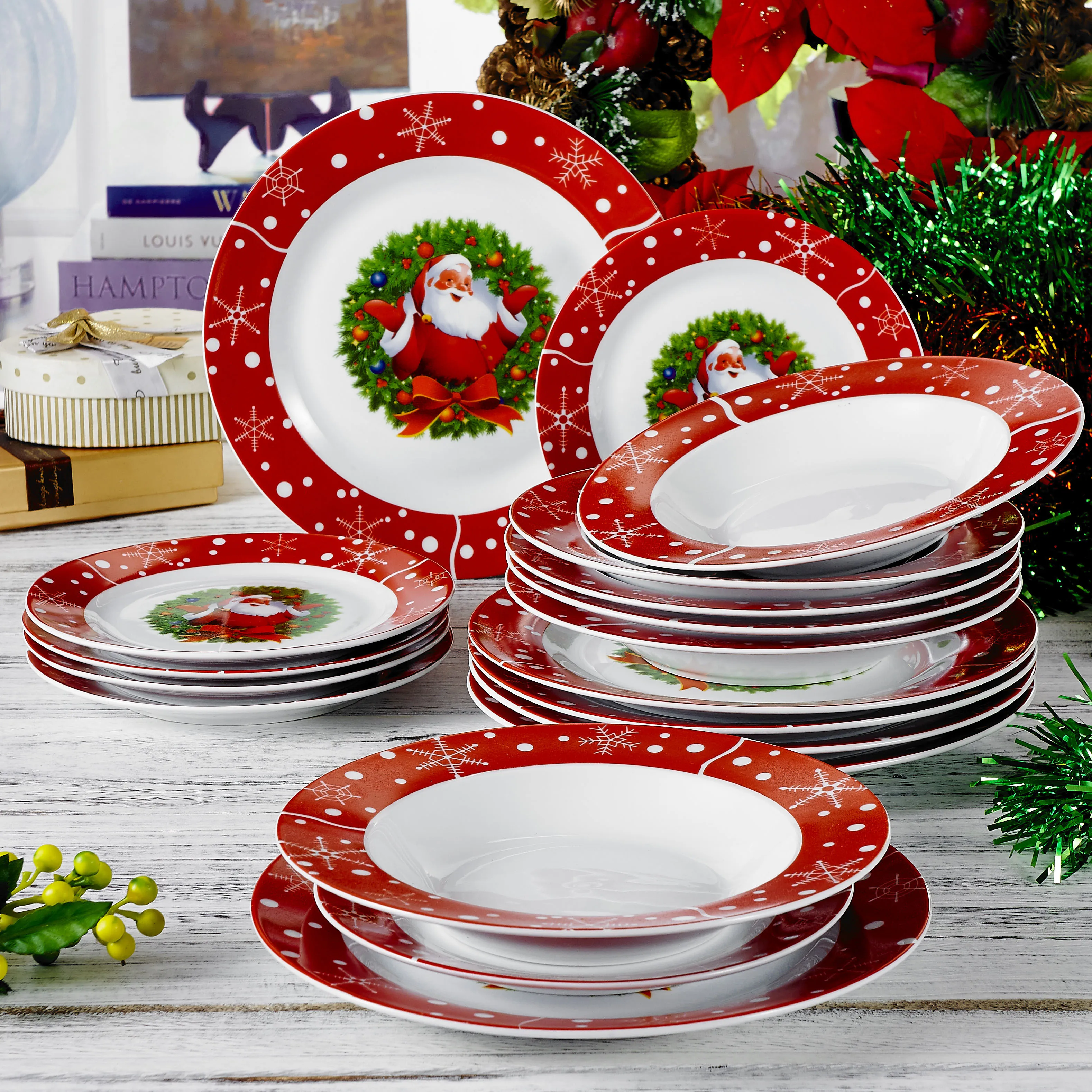 VEWEET 30/60 Piece Christmas Gift Porcelain Dinnerware Set with 6