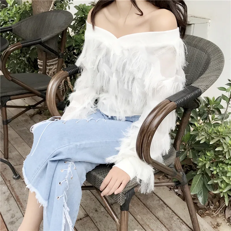 

Cakucool Women Big V-neck Blouse Multi Layers Tassles Long Lantern Sleeve Sweet Tops Loose Off Shoulder Pullover Shirts Female
