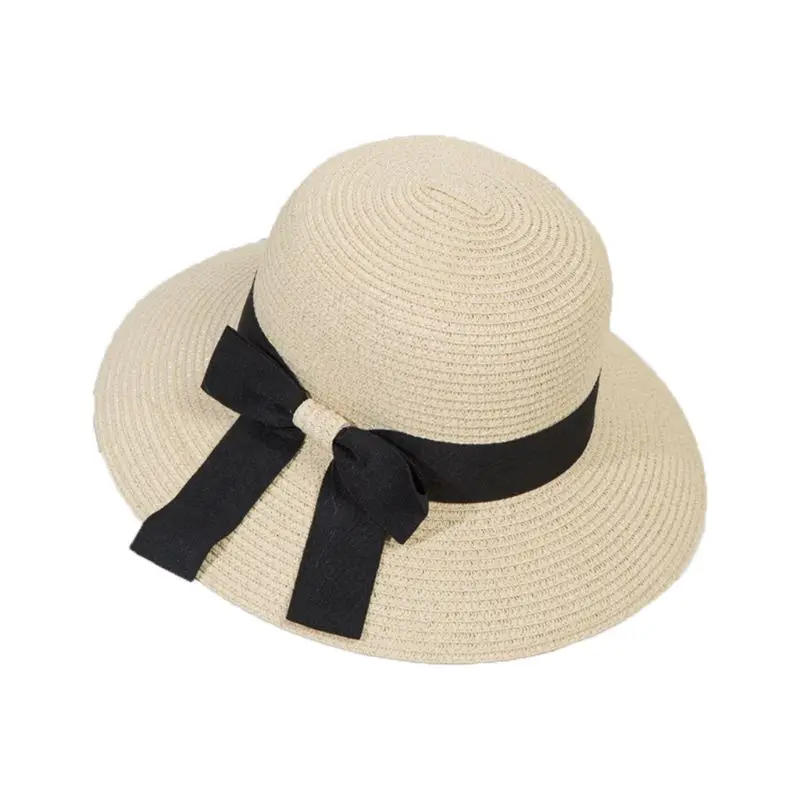 Женская летняя шляпа с плоским верхом и широкими полями, солнцезащитный козырек, одноцветная сатиновая шляпа с бантом, Солнцезащитная Повседневная пляжная Панама, пляжная кепка