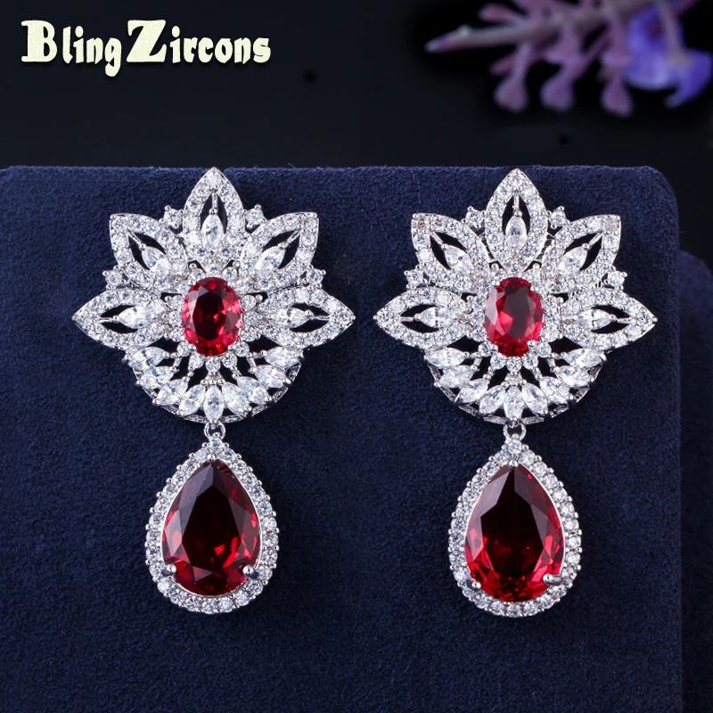 BeaQueen Luxusní Brand Palace Design Ženy Křišťálové šperky Rose Red CZ Stone Slza Drop Velké prohlášení Náušnice pro ženy E079