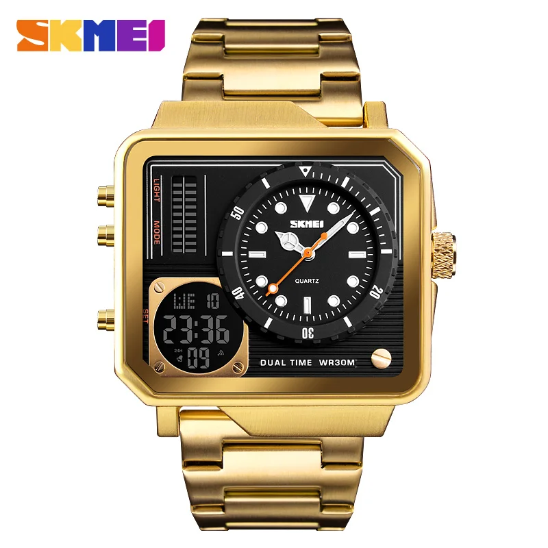 Мужские золотые часы цифровые электронные наручные часы из нержавеющей стали наручные часы дисплей личности роскошные часы SKMEI Relogio Masculino - Цвет: Golden