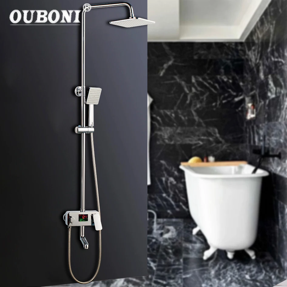 OUBONI Chrome Rainfall Shower Faucet Set Shower Mixer Tap Tub Mixers Temperature Digital Display Shower Head Faucets Set
