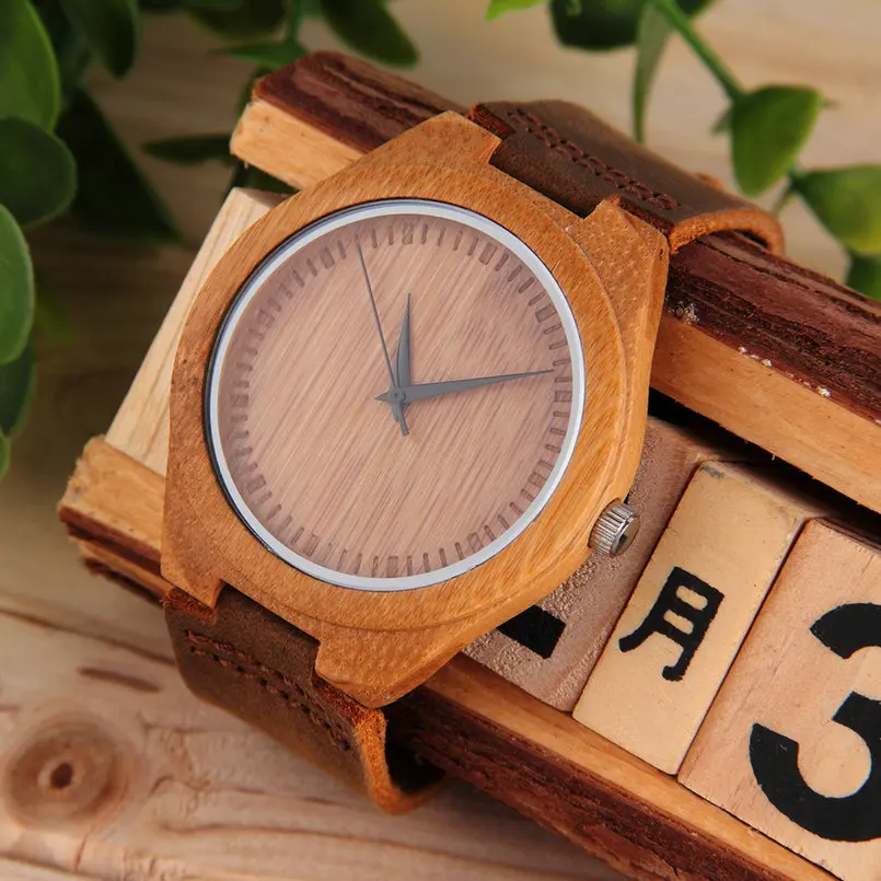 

OUTAD Luxury Men Women Bamboo Wood Watch Quartz PU Leather Wristwatch Simple Style Lover Wooden Watches relogio Biology Natural