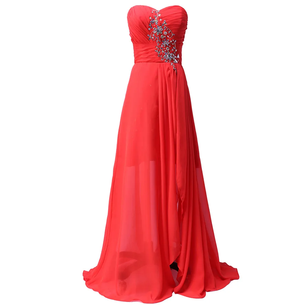Short Front Long Back Navy Blue Red Chiffon Spilt Crystal Bridesmaid Dress
