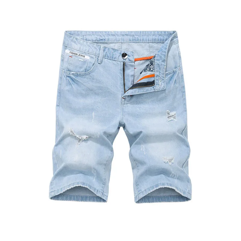 Light blue VROKINO новые летние мужские повседневные шорты джинсы модные Стрейчевые тонкие рваные шорты брендовая мужская одежда - Цвет: Light blue