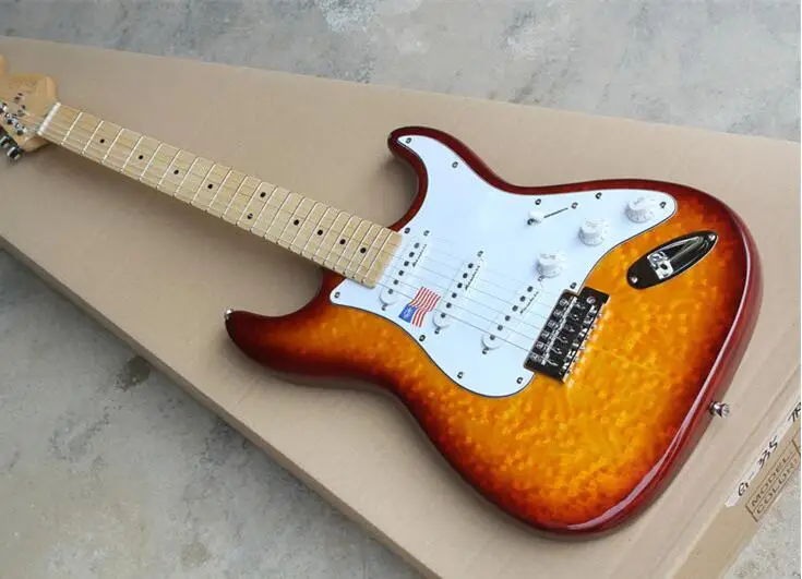 

Cherry Sunburst body Electric Guitar with white pickguard Pickups,Chrome Hardwares free shipping