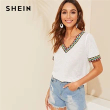 SHEIN, черная или белая футболка с v-образным вырезом, ацтекская вышитая лента, отделка, короткий рукав, женская футболка,, летние мягкие повседневные топы в стиле бохо