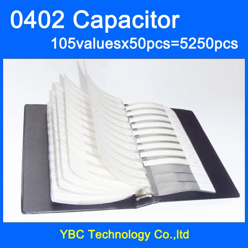 

Free Shipping 0402 SMD Capacitor Sample Book 105valuesX50pcs=5250pcs 0.1PF~10UF Capacitor Assortment Kit Pack