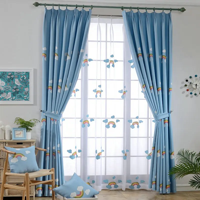 Embroidered Linen and Cotton Curtain for Kids Room Blue Curtain Matched